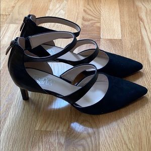 Franco Sarto black pointed ankle strap heels